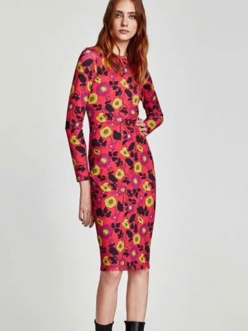 ZARA retro Fliral Bodycon Stretch Dress Red Floral Sz S
